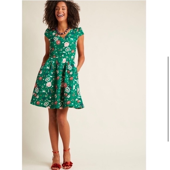 NEW! ModCloth Retro Floral Dress XL Pleated Vintage Green Pink Red 60’s Timeless - Picture 3 of 8